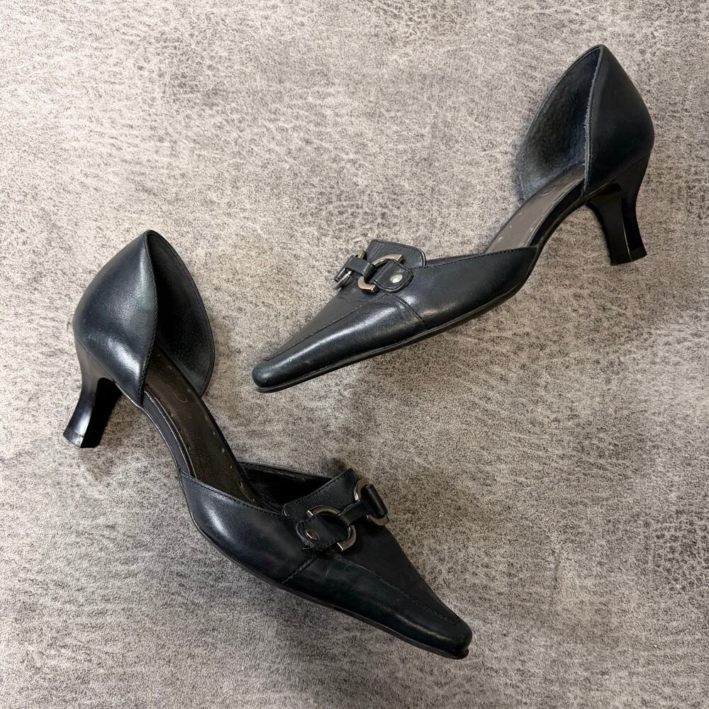 Navy Leather Pointed Toe Kitten Heels